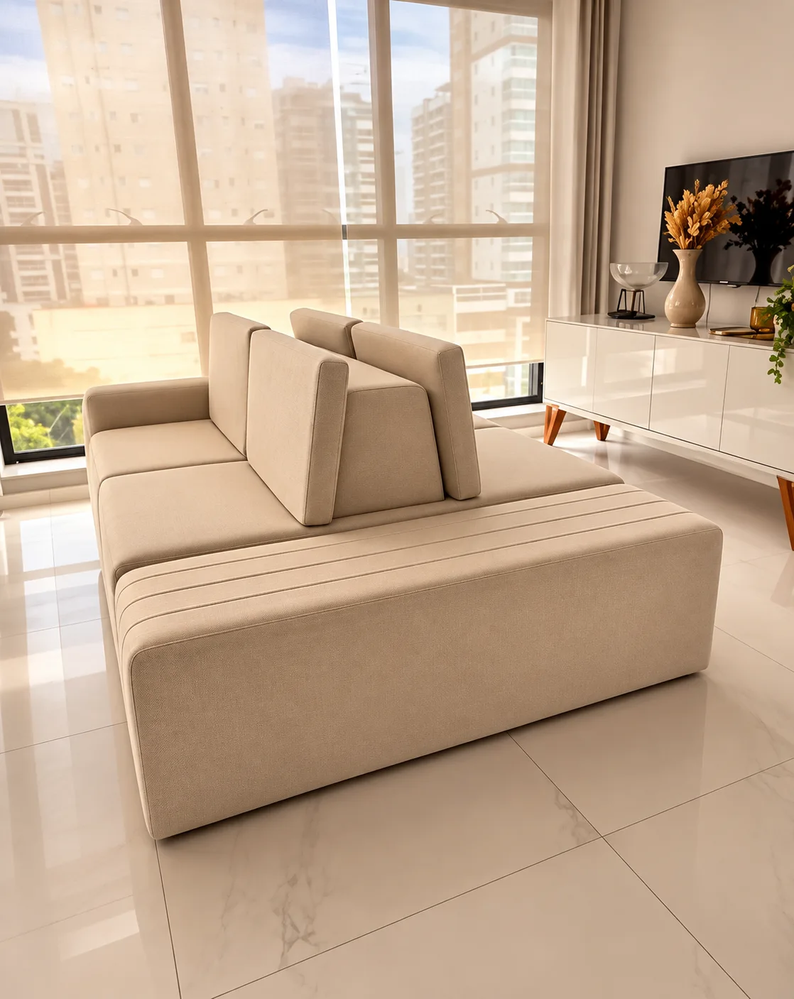 Sofá bege com assento lateral e frisos verticais em sala